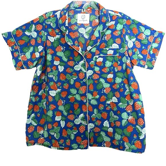 Printfresh Strawberry Fields Pajama Top 2X Button Front Short Sleeve - Picture 2 of 10